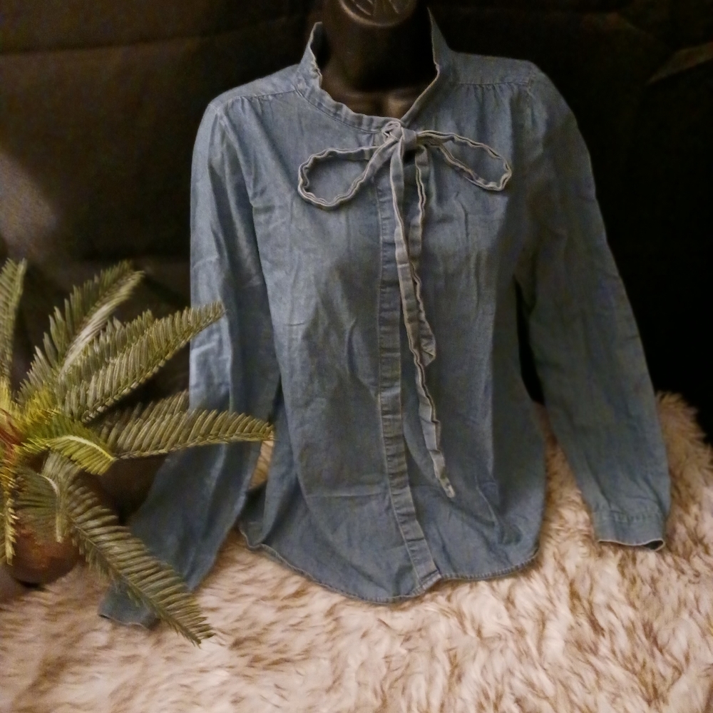 The Limited Chambray Tie Neck Blouse | Ruffle Trim | Soft Denim Top | Size Small